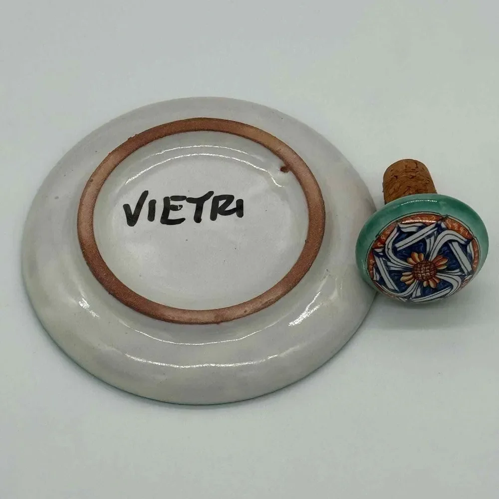 Vietri Wine‎ Plate & Bottle Stopper Set Green Blue Italy Pottery Hostess Gift